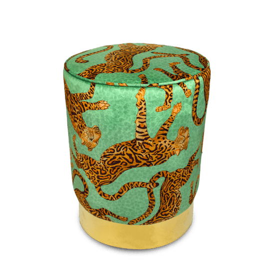 Elegant Ardmore Cheetah Kings Jade Velvet Pouffe, featuring a striking gold cheetah motif on a rich jade-green velvet background, gracefully set on a polished brass base.