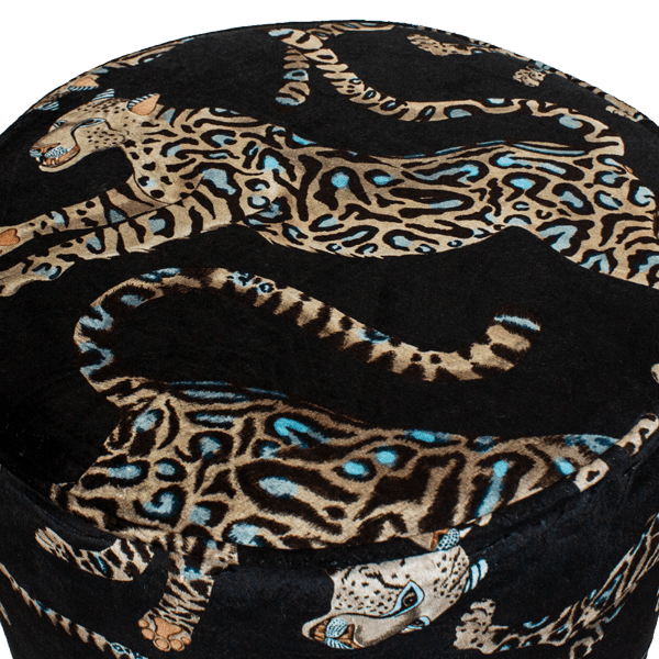 Close-up of the intricate golden cheetah embroidery on the Ardmore Cheetah Kings Starry Nights Velvet Pouffe, highlighting the fine craftsmanship and opulent fabric details.
