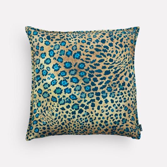 Front view of the Thanda Safari Spot Midnight Cushion Cover, featuring a bold leopard-print design in striking midnight blue tones.