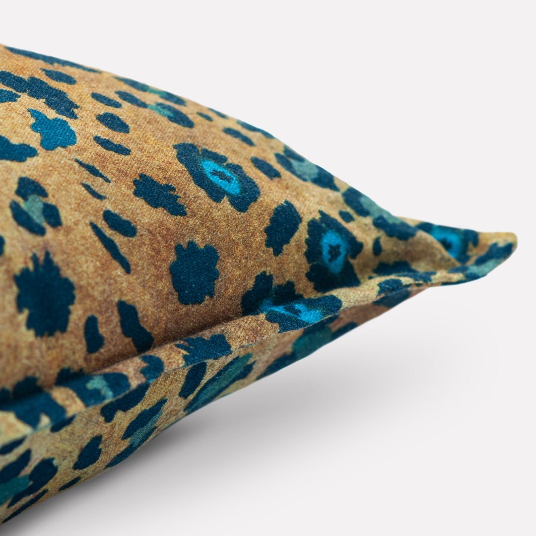 Side angle of the Thanda Safari Spot Midnight Cushion Cover, showcasing its seamless pattern and smooth edges