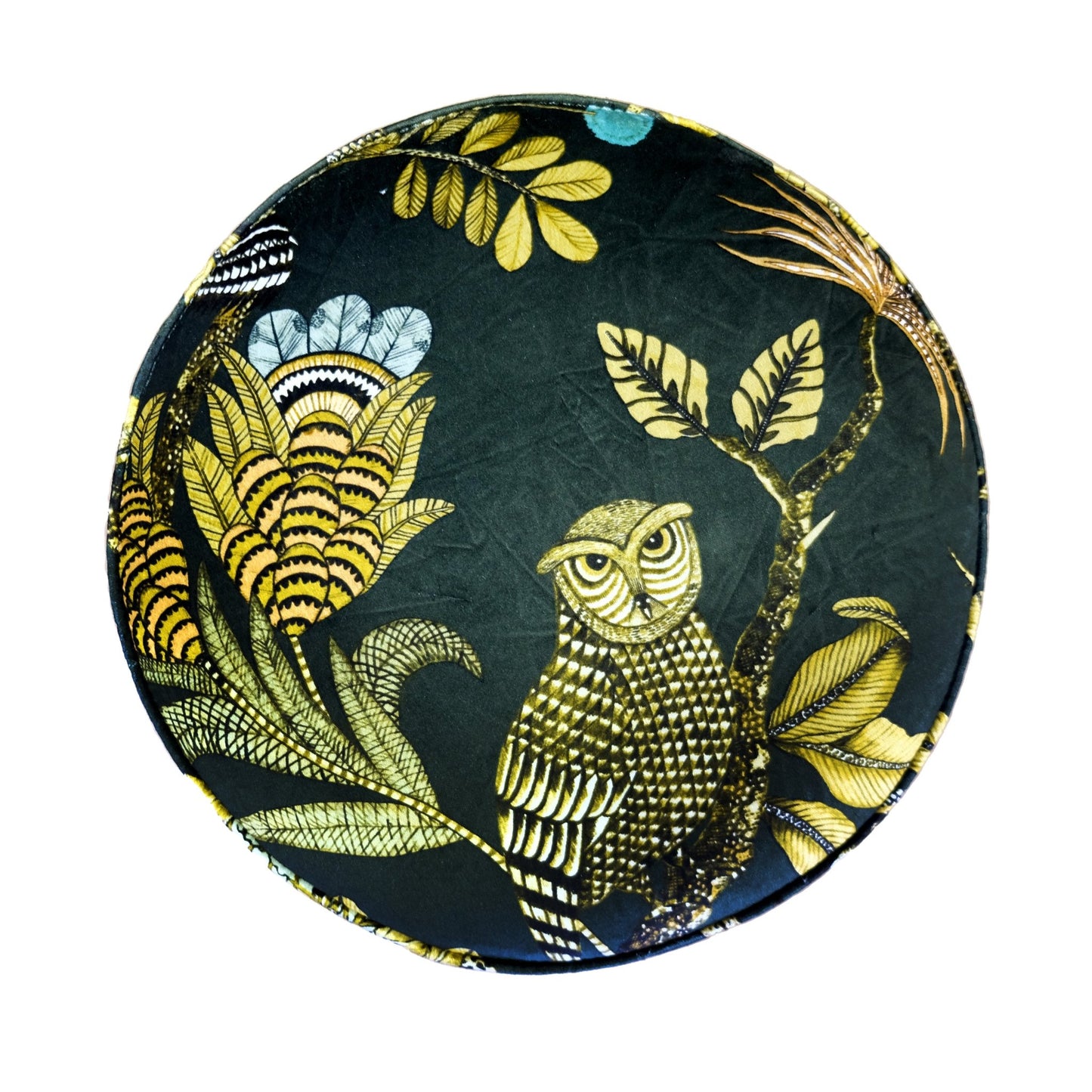 Top-down view of the Ardmore Camp Critter Dusk Velvet Pouffe, highlighting the vibrant golden floral and animal patterns against the rich green velvet background