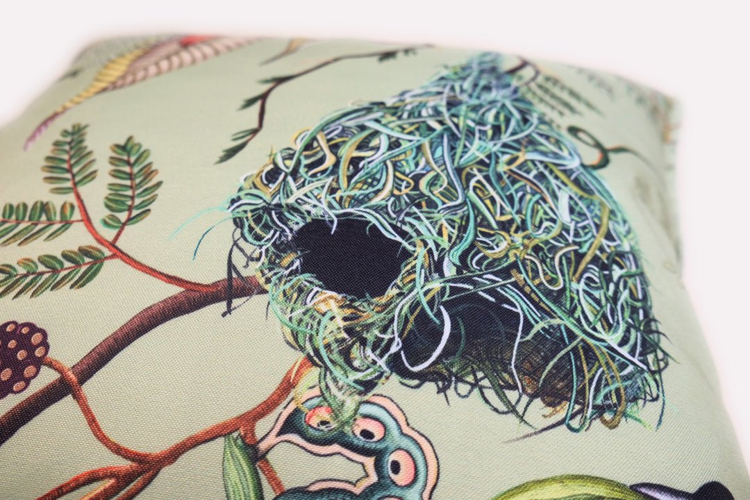 Close-up shot of the Thanda Nests Delta Outdoor Cushion Cover, showing the delicate illustrations and quality stitching.