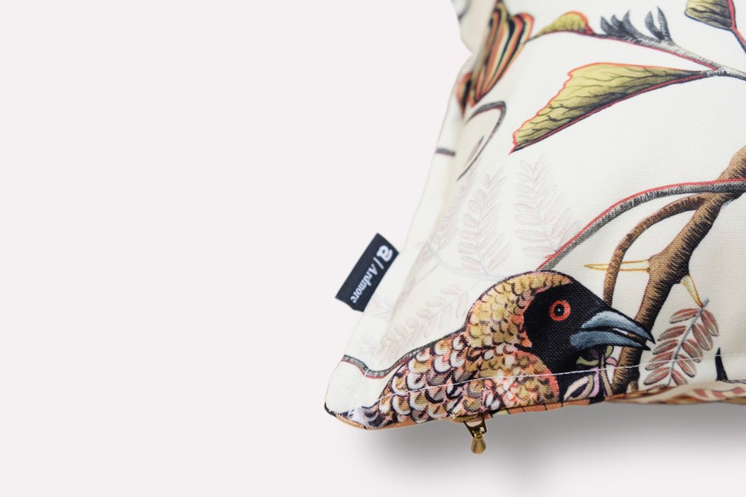 Detailed side view showing the cushion’s seamless pattern continuity and label.