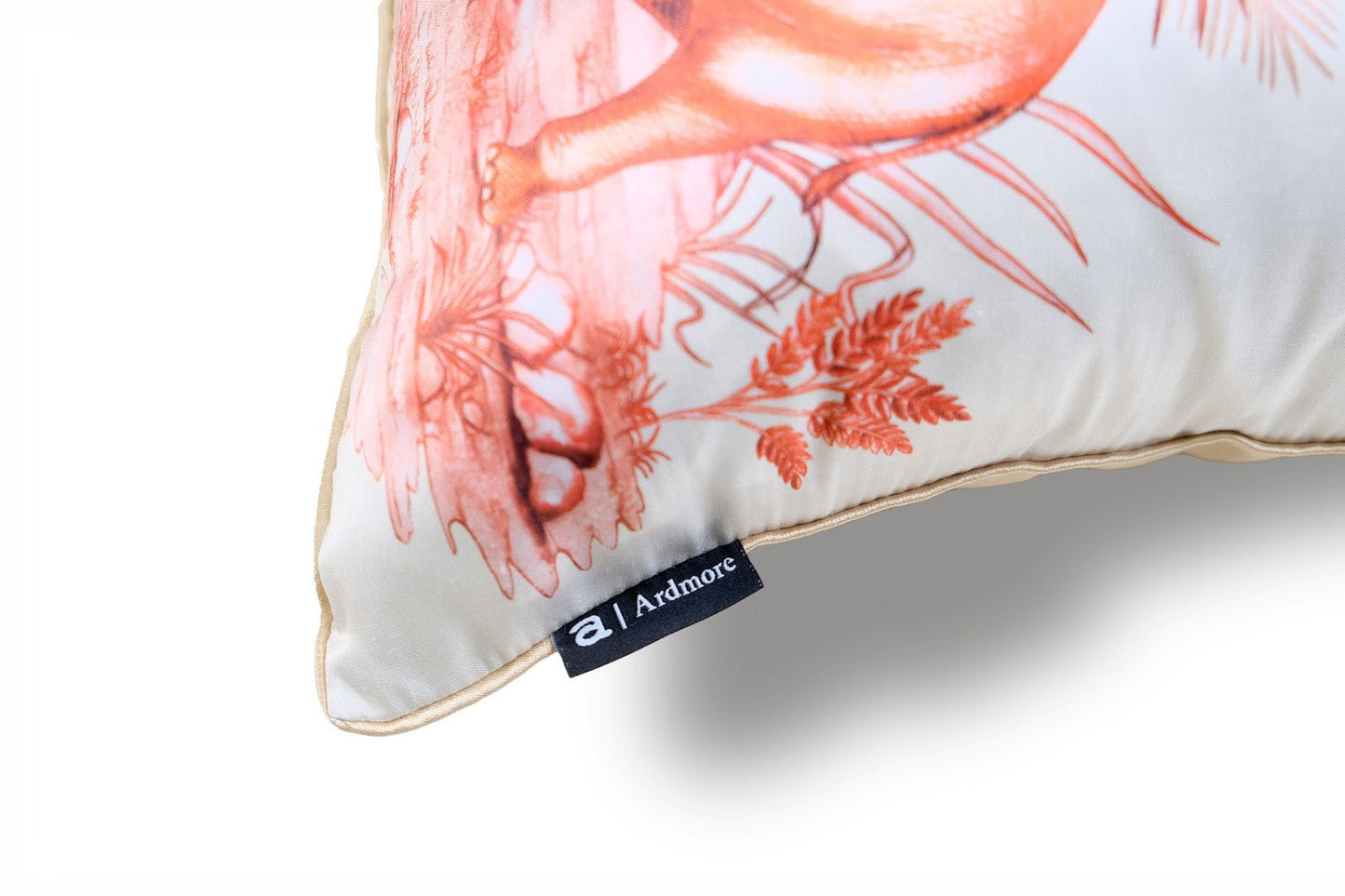 A close-up shot of the cushion’s corner, showing the sheen of the silk fabric, precise stitching, and how the print integrates seamlessly with the silk piping.