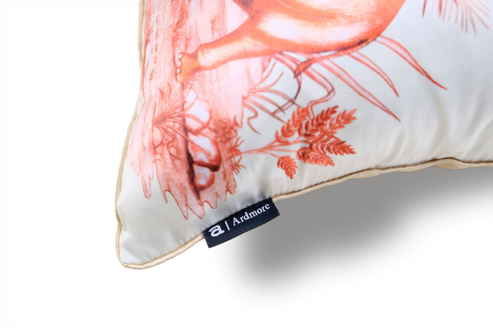 A close-up shot of the cushion’s corner, showing the sheen of the silk fabric, precise stitching, and how the print integrates seamlessly with the silk piping.