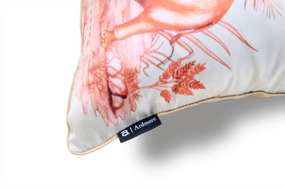A close-up shot of the cushion’s corner, showing the sheen of the silk fabric, precise stitching, and how the print integrates seamlessly with the silk piping.