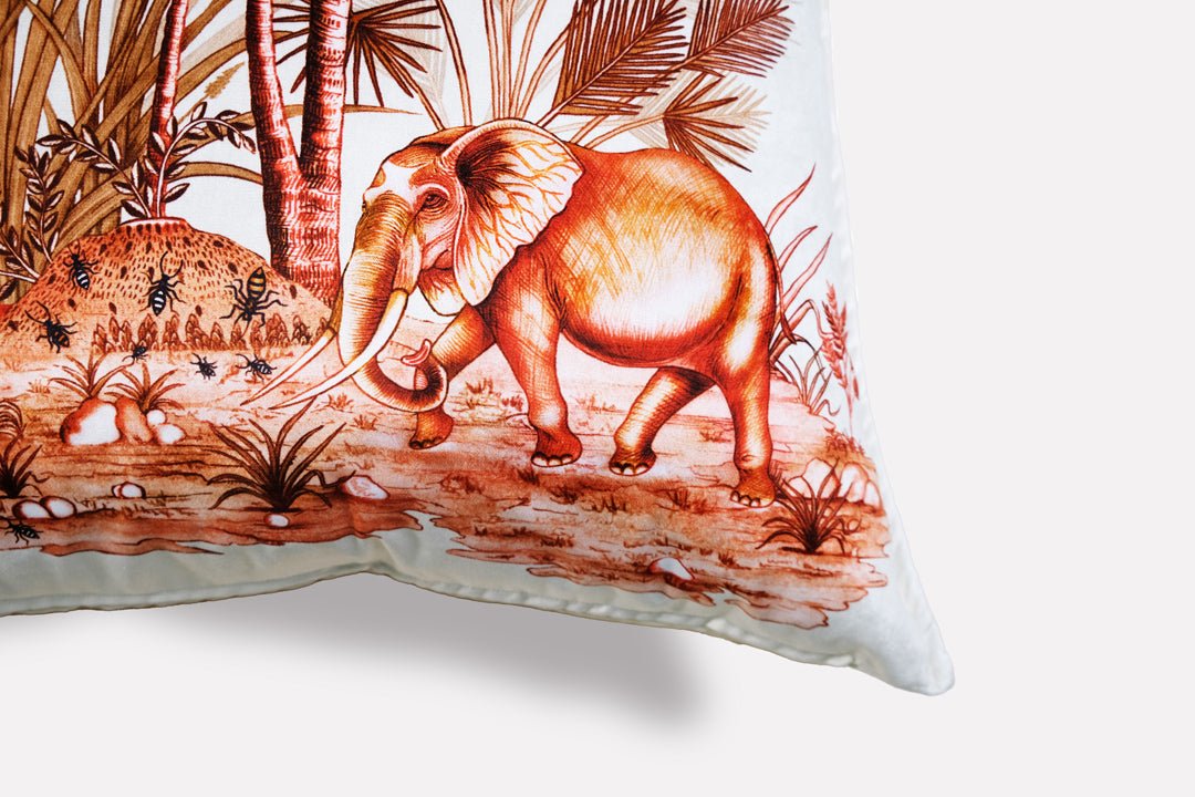 Side view displaying the cushion’s double-sided velvet print and highlighting the fine stitching and texture.
