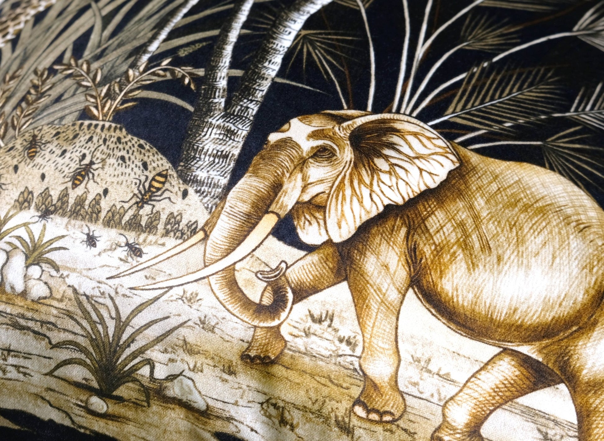 Extreme close-up of the fabric, focusing on the design details and depth of colour in the print.