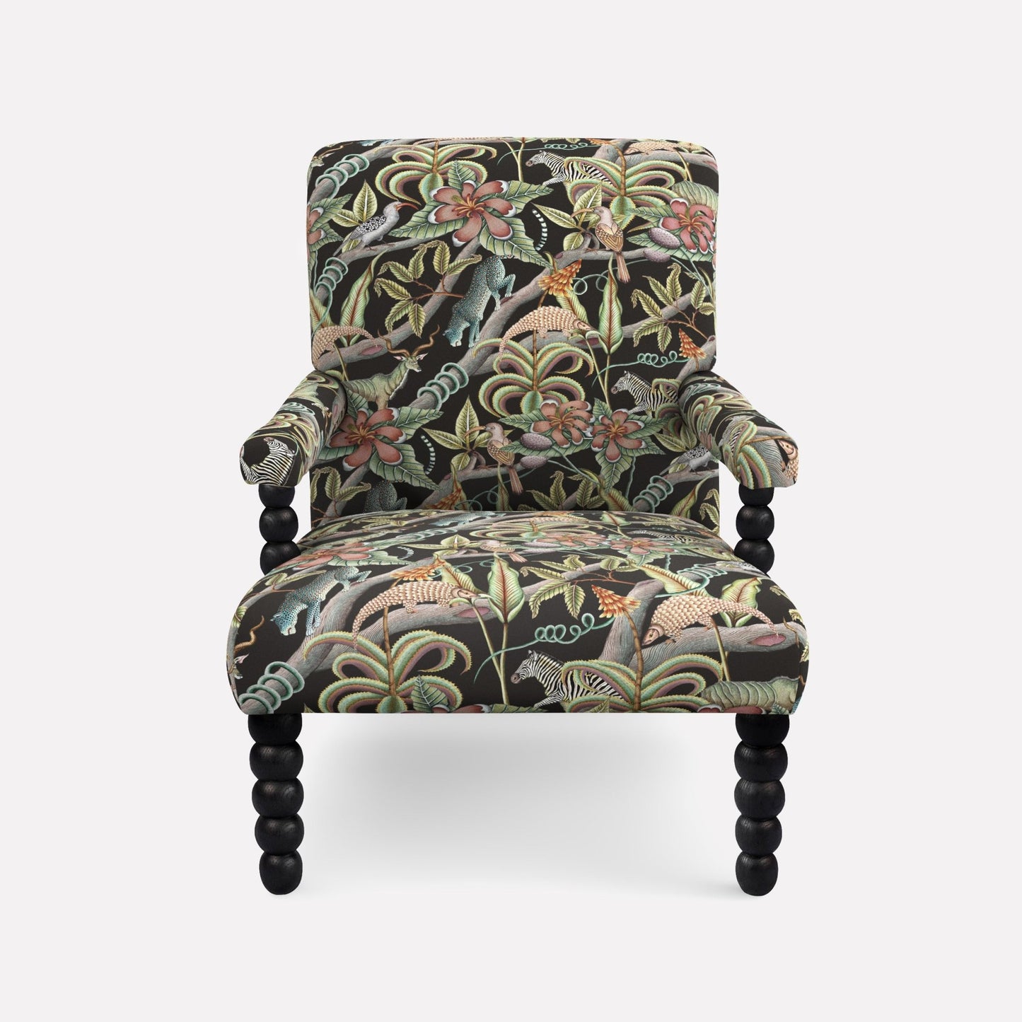 Side view of the Ardmore Kudu Pod Chair in Pangolin Park Night Linen, showcasing its refined armrests, intricate pattern, and expertly crafted upholstery, blending African artistry with modern luxury.