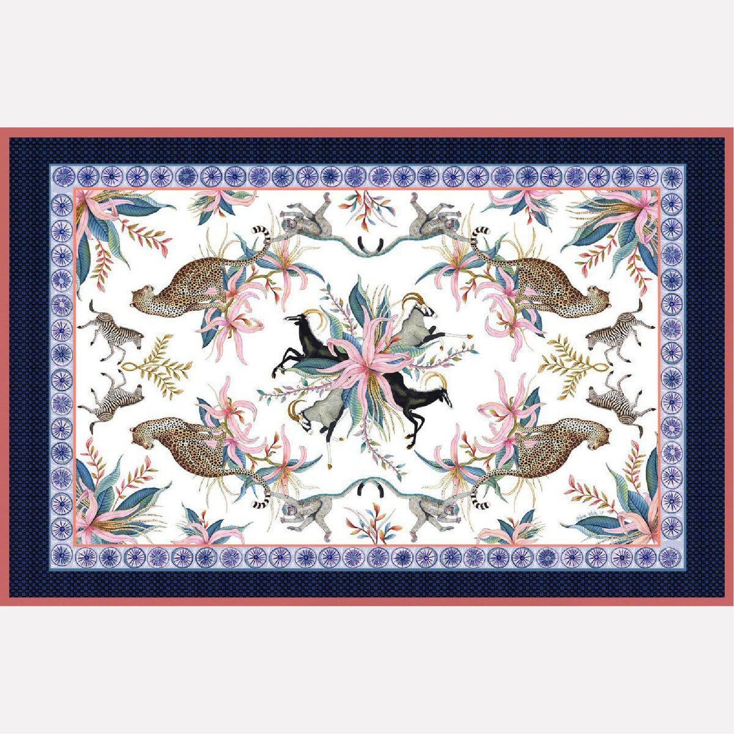 A flat lay of the Leopard Lily Tablecloth in Frost, featuring an intricate design of zebras, leopards, and florals bordered in deep blue and red hues.