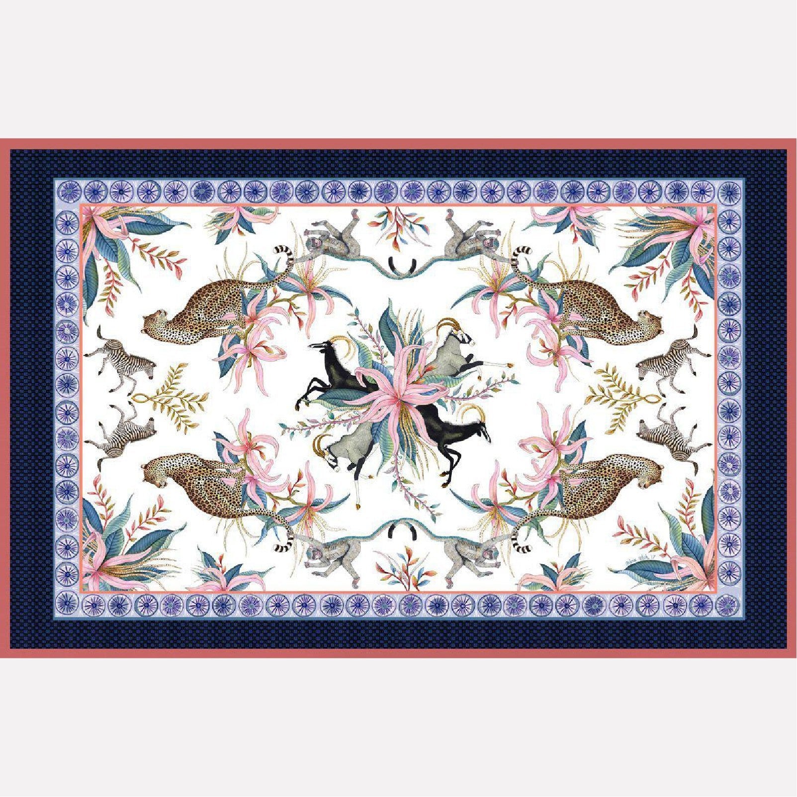 A flat lay of the Leopard Lily Tablecloth in Frost, featuring an intricate design of zebras, leopards, and florals bordered in deep blue and red hues.