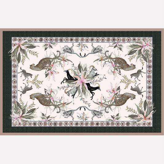 A flat lay of the Leopard Lily Tablecloth in Safari Stone, showcasing an intricate design with zebras, leopards, and floral motifs on a neutral-toned background.