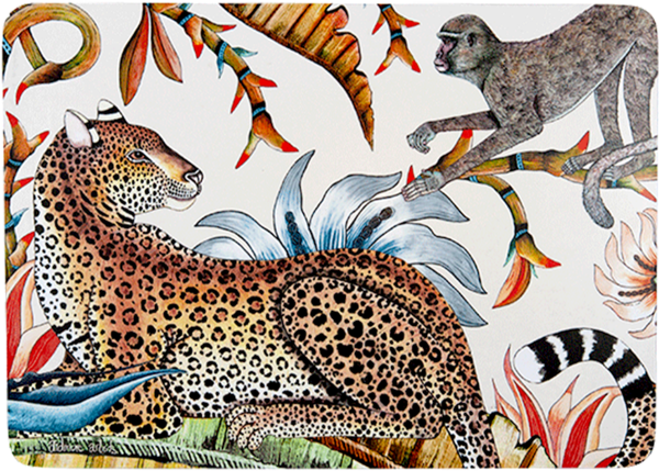 A detailed close-up of the leopard and monkey interacting amidst botanical elements, highlighting the fine artistry and rich colour palette of the design.