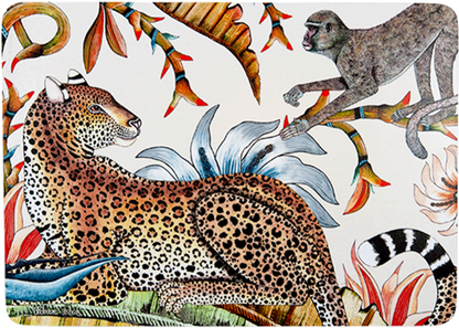 A detailed close-up of the leopard and monkey interacting amidst botanical elements, highlighting the fine artistry and rich colour palette of the design.