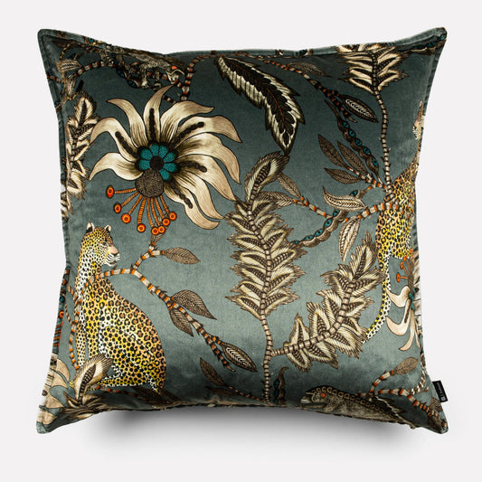 Cushion cover in Monkey Bean Ash design, featuring a double-sided velvet print with intricate floral and foliage patterns on a muted ash-grey background.