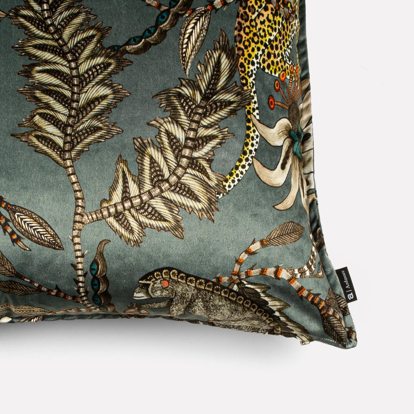 Close-up of the Monkey Bean Ash cushion cover, emphasising the detailed print and soft fabric.