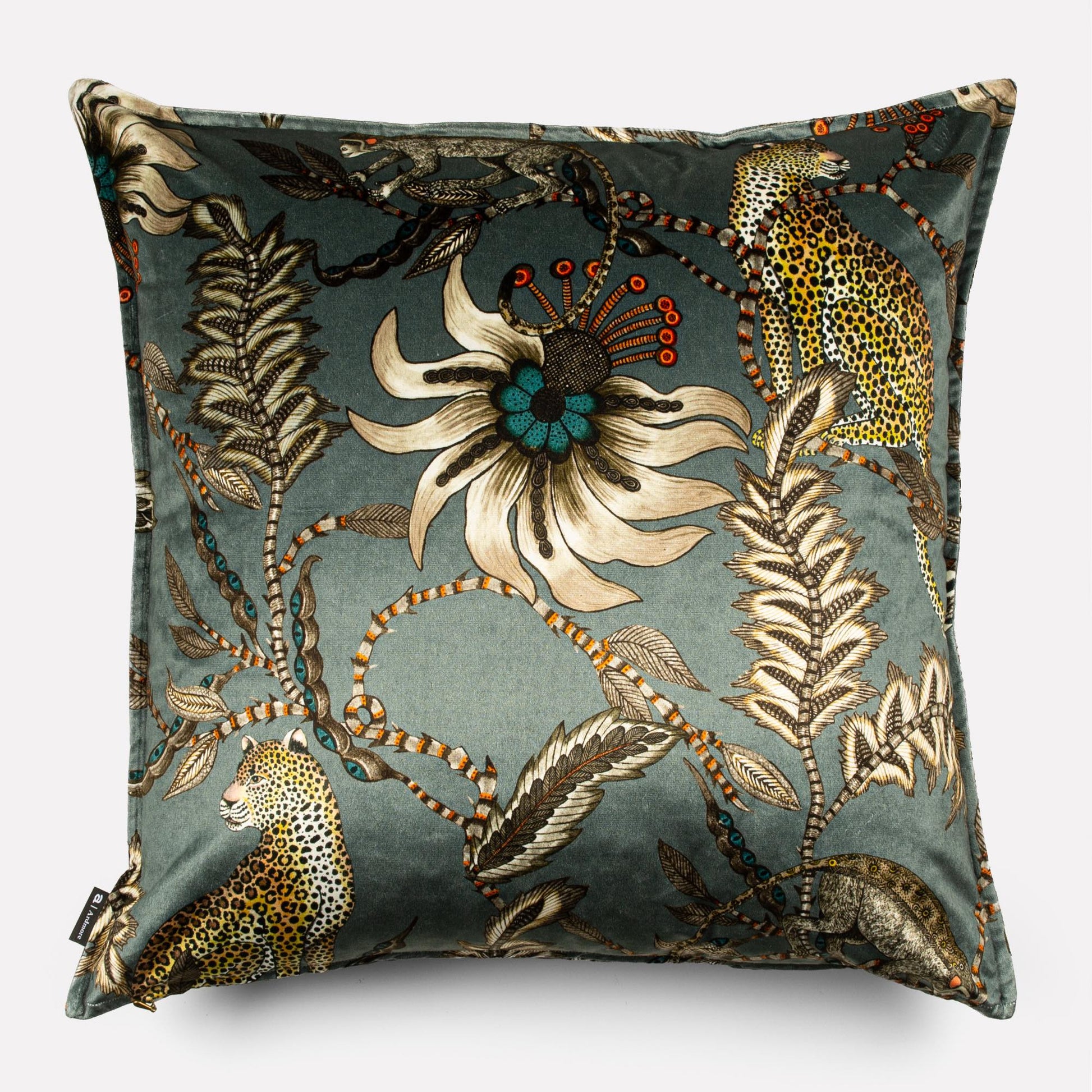 Side angle view of the Monkey Bean Ash cushion cover, showcasing its elegant floral patterns and rich velvet texture.