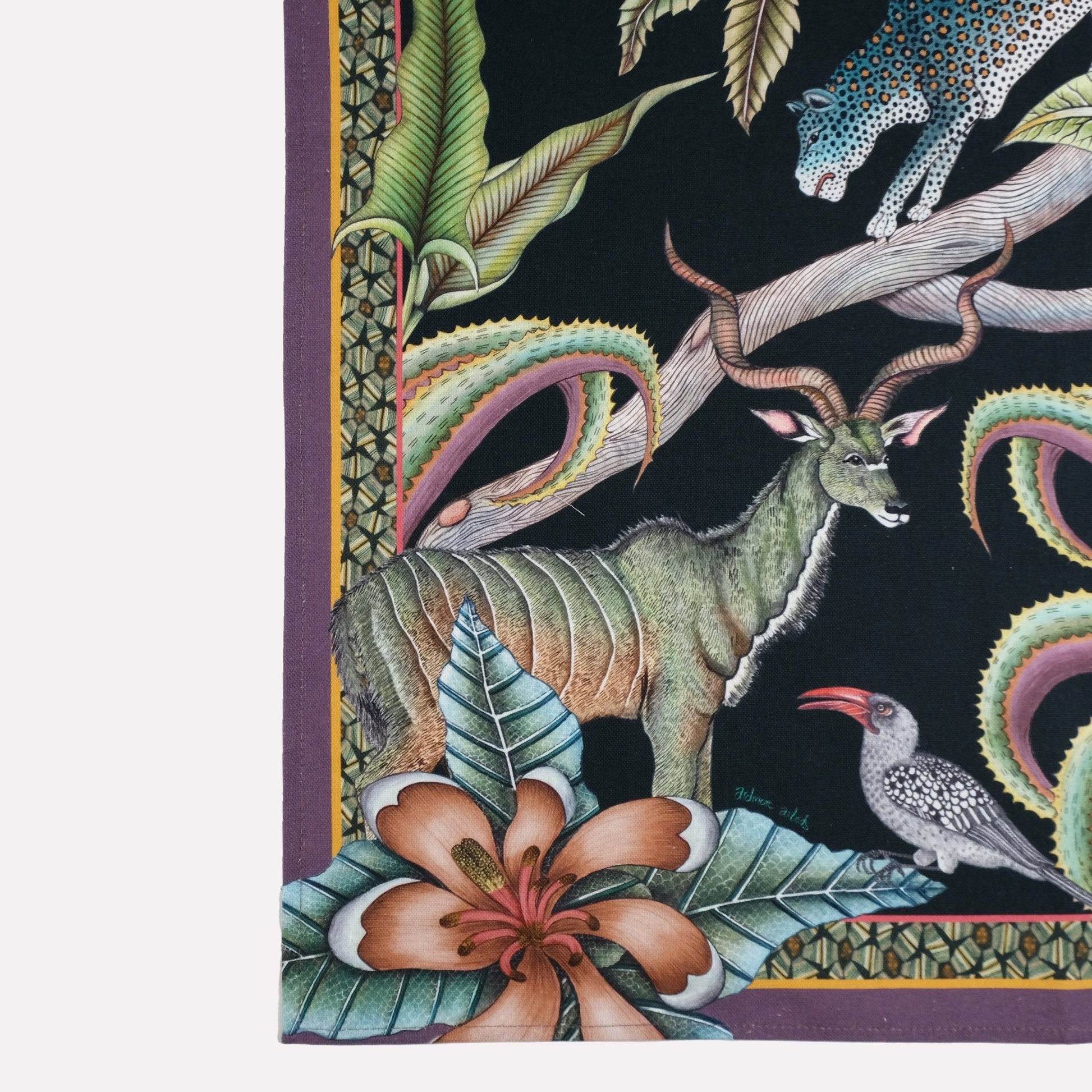 A zoomed-in view showcasing the intricate details of the hornbills and tropical flora, highlighting the vibrant colours and fine artistry.