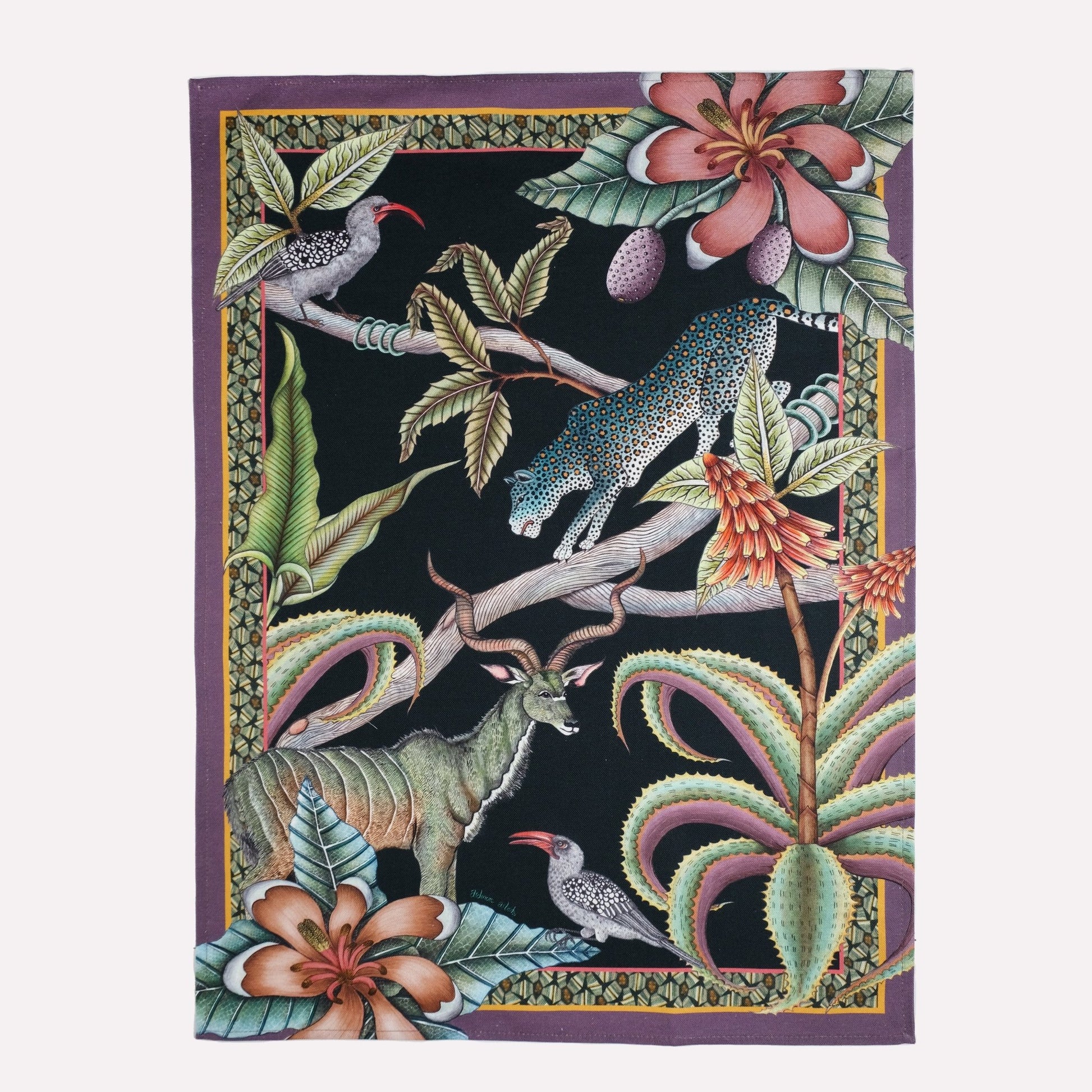A richly detailed tea towel featuring an exotic safari-inspired design with hornbills, kudus, and leopards, set against a deep, dark background.