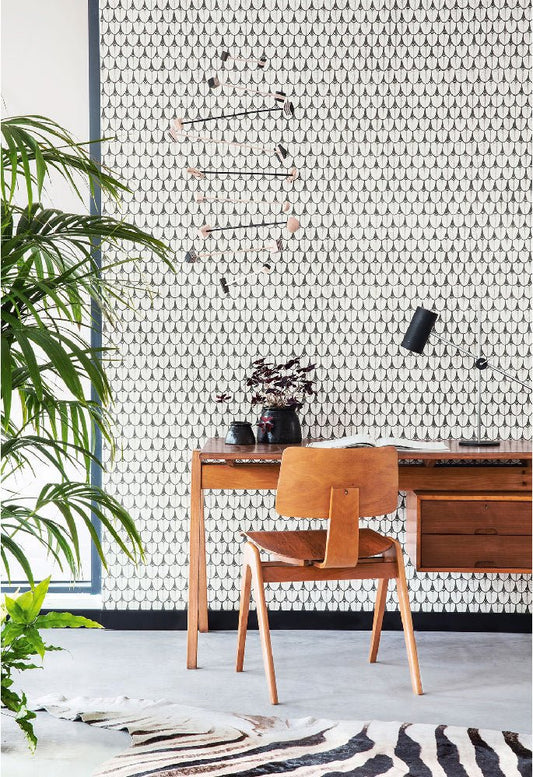 A serene, minimalistic room featuring the Narina wallpaper in a soft monochrome design, bringing a touch of refined elegance.