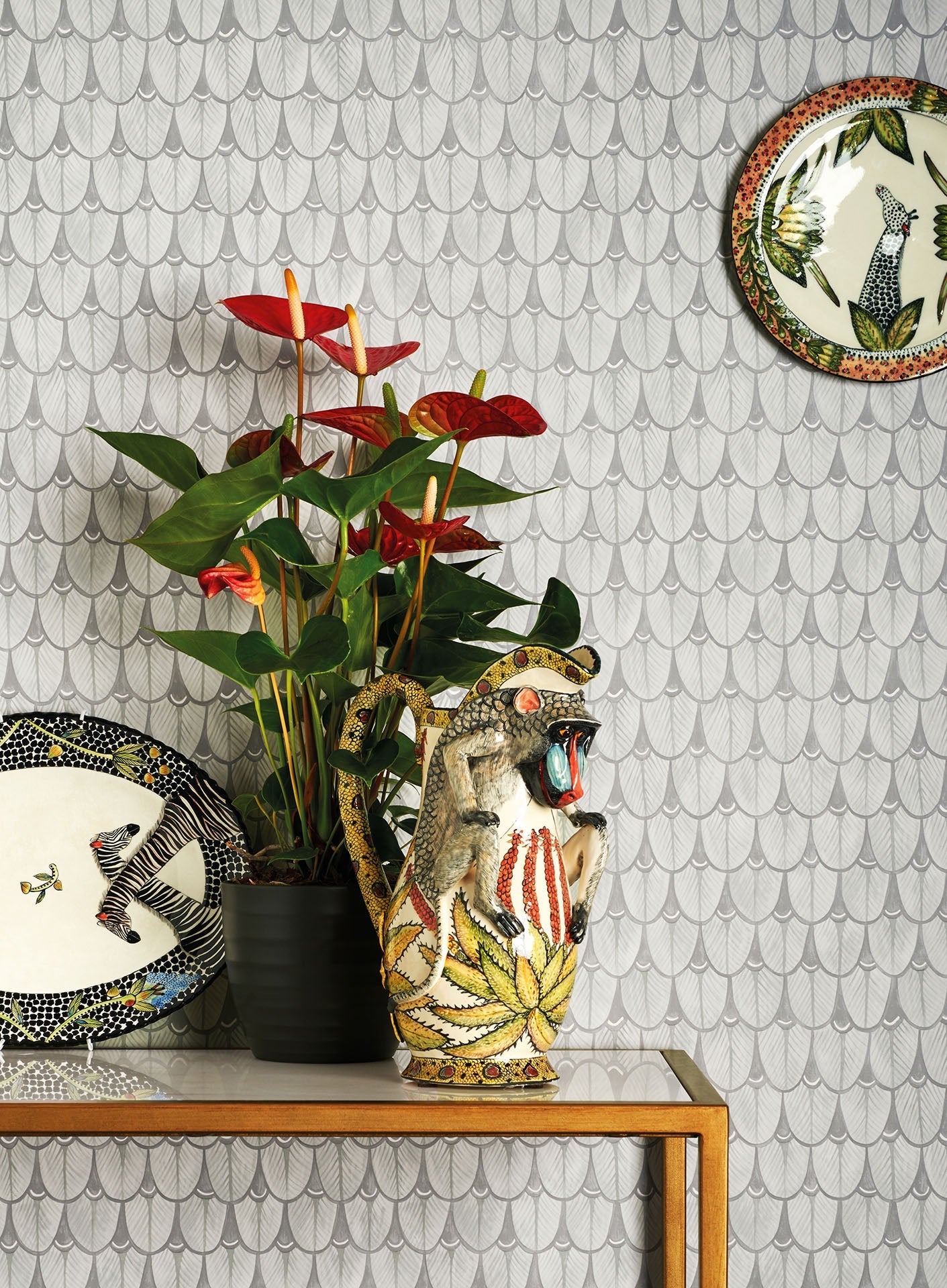 A close-up showcasing the subtle geometric feather patterns in a delicate light grey shade.