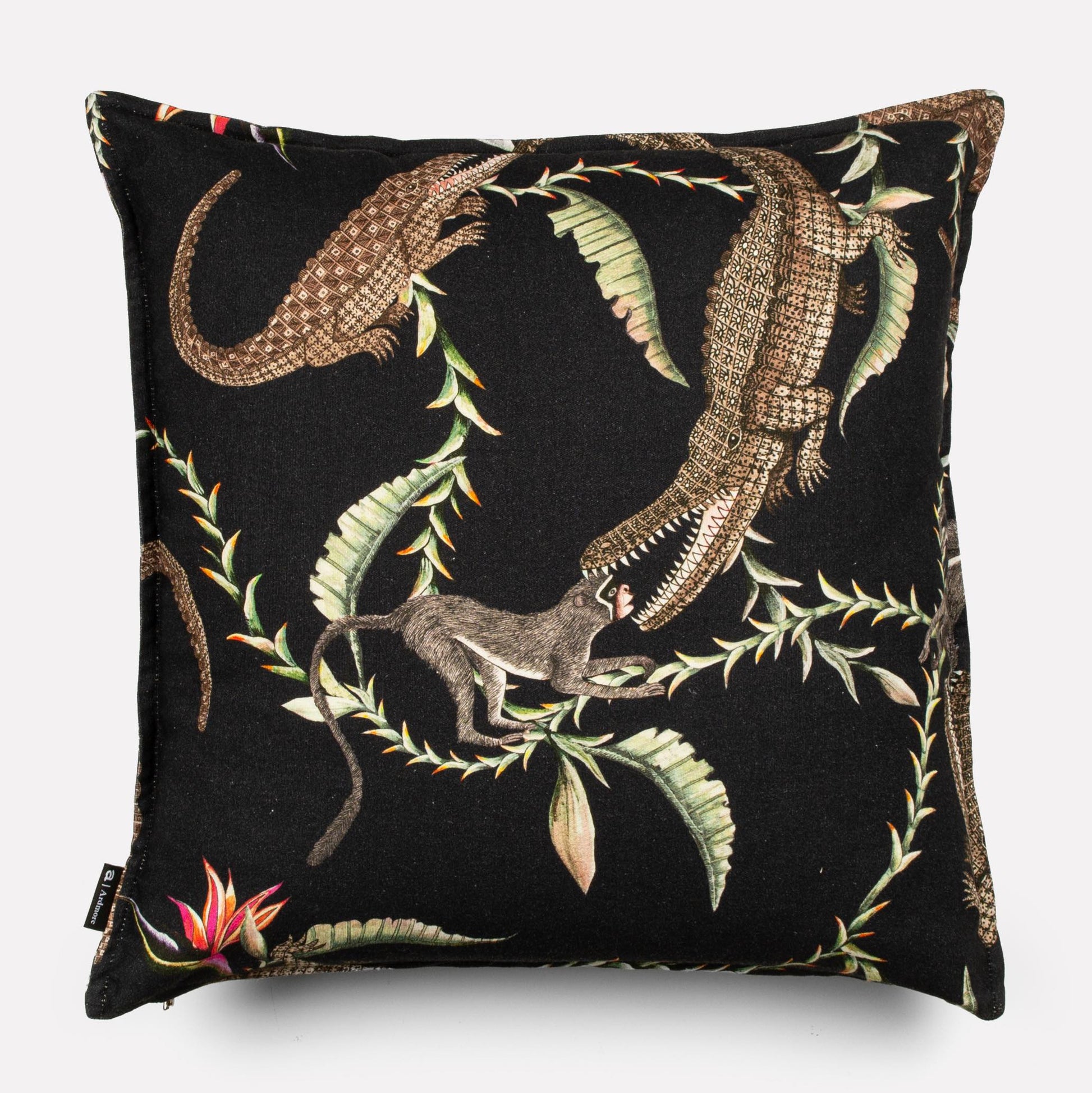 Back view of the River Chase Night Linen cushion cover, showcasing the crocodile and floral motifs with precise stitching and dark hues.