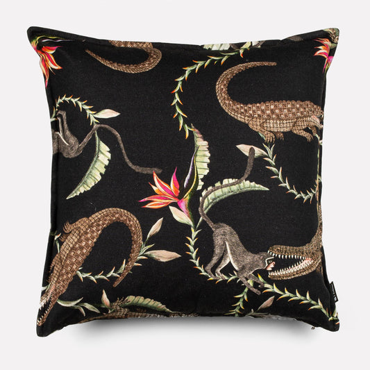 Front view of the River Chase Night Linen cushion cover featuring crocodile and floral patterns on a sleek black background.