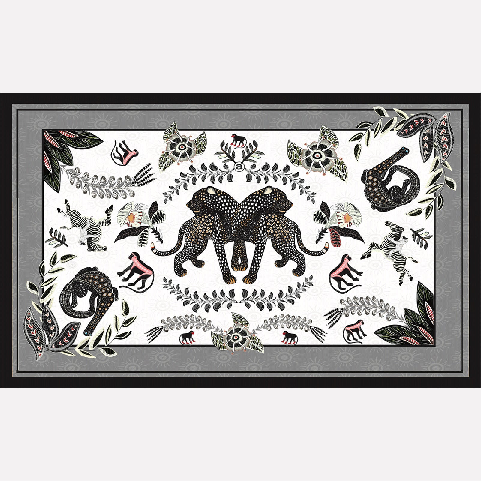 A flat-lay view of the Royal Leopard Tablecloth in Charcoal on Natural Linen, featuring an intricate black-and-white elephant and leopard motif with botanical elements.