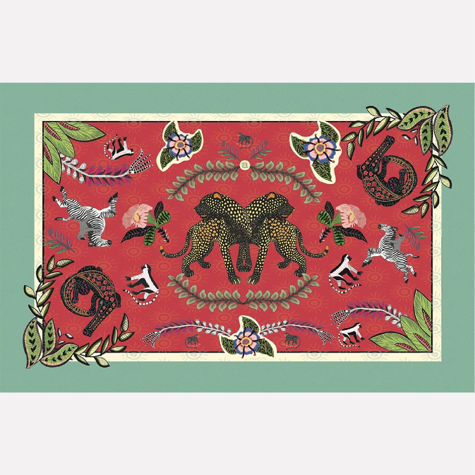 A flat-lay view of the Royal Leopard Tablecloth in Sunset, showcasing an intricate design featuring leopards, floral elements, and a green border.