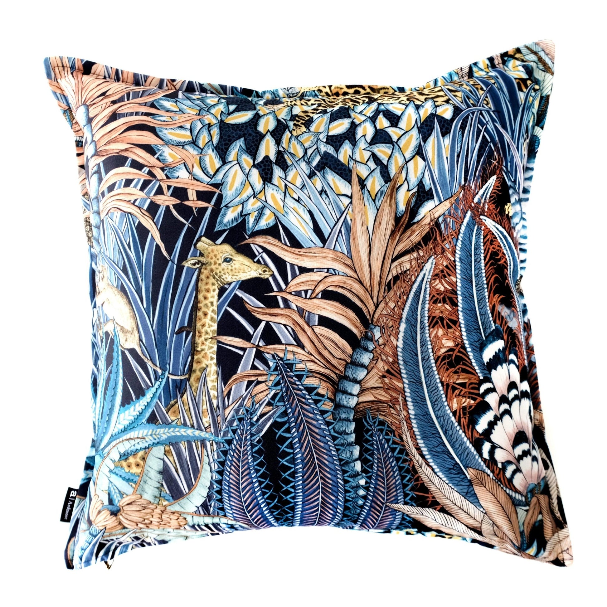Front view of the Sabie Forest Dawn cushion cover, showcasing a vibrant arrangement of tropical foliage and wildlife against a rich blue background.
