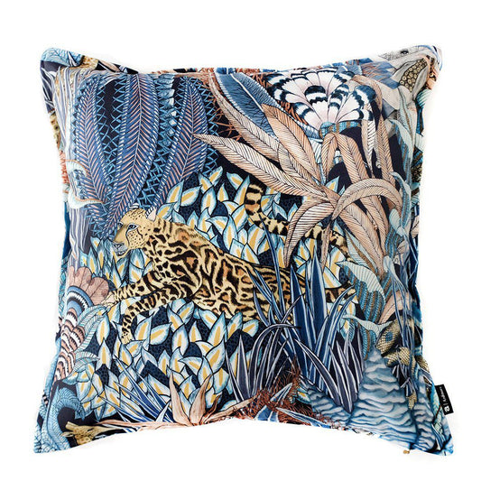 50x50cm double-sided cushion cover in Sabie Forest Dawn fabric, featuring an intricate design of exotic plants, a leopard, and a giraffe in shades of blue, beige, and gold.