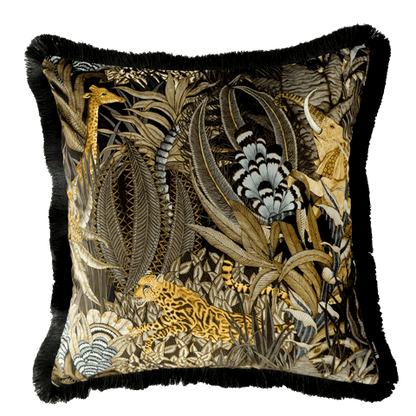 60x60cm cushion cover in Sabie Forest Moonlight fabric, featuring an overall view of a detailed velvet print depicting tropical foliage and wildlife, framed with a black fringe edge.