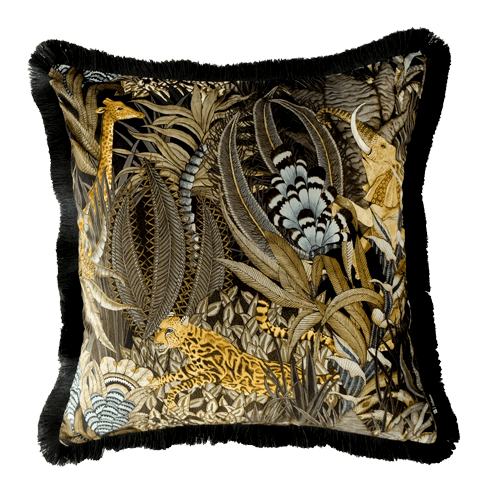 60x60cm cushion cover in Sabie Forest Moonlight fabric, featuring an overall view of a detailed velvet print depicting tropical foliage and wildlife, framed with a black fringe edge.
