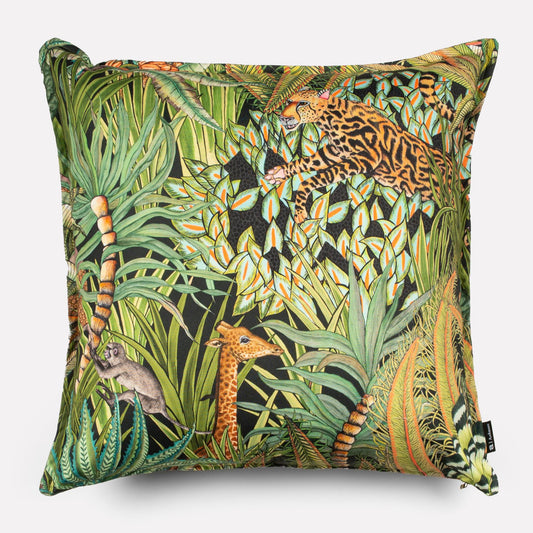 50x50cm double-sided cushion cover in Sabie Forest Delta fabric, featuring a vibrant design of exotic foliage, giraffes, and a leopard on a dark background.