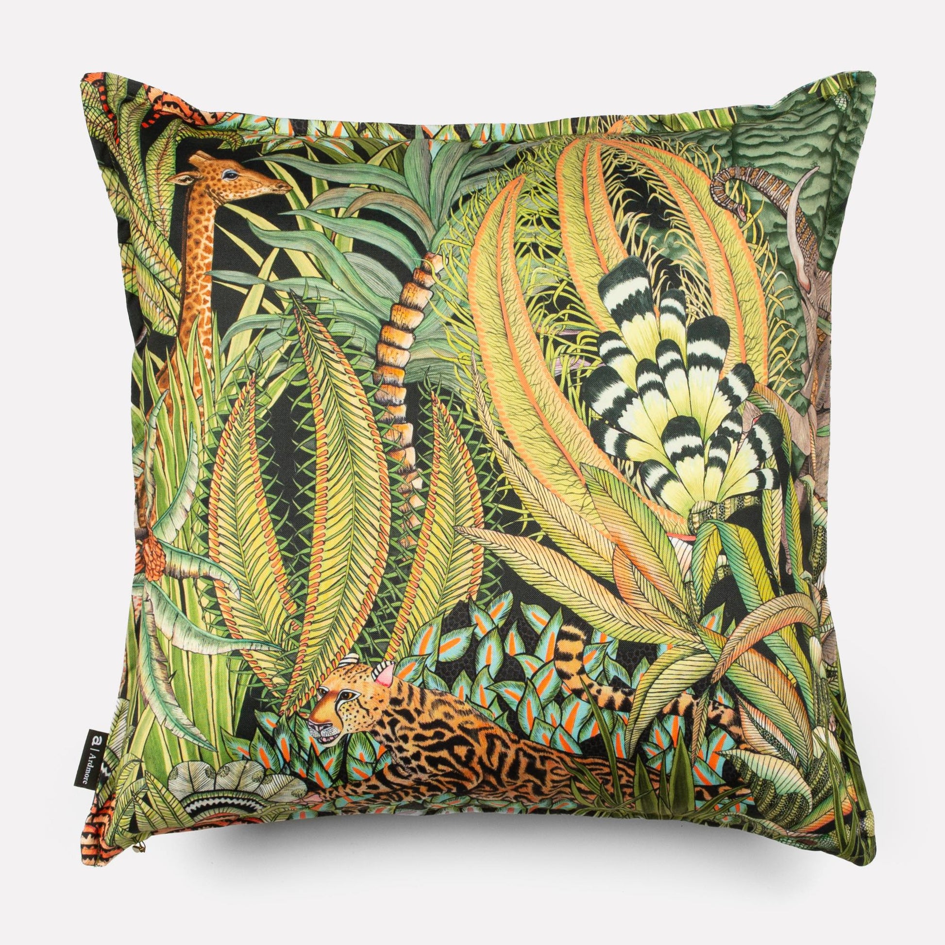 Front view of the Sabie Forest Delta cushion cover, showcasing a detailed arrangement of tropical leaves and wildlife in green, gold, and earthy tones.