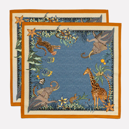 A stack of Ardmore Design Sabie Forest napkins in Tanzanite, elegantly arranged to display the detailed border and artistic African-inspired prints.