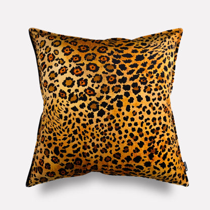 Front view of the Safari Spot Gold Velvet Cushion Cover, featuring a luxurious leopard-print design in vibrant gold tones.