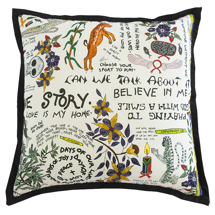 Front view of the Wonderboy Bleached Linen Large Cushion Cover featuring intricate illustrations, text, and artistic motifs on a clean white background.