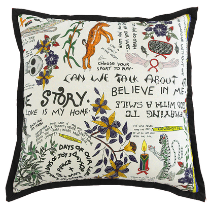 Front view of the Wonderboy Bleached Linen Large Cushion Cover featuring intricate illustrations, text, and artistic motifs on a clean white background.