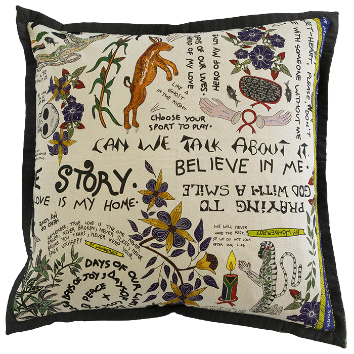 Front view of the Wonderboy Natural Linen Large Cushion Cover showcasing artistic illustrations, text, and floral details on a natural linen-coloured background.