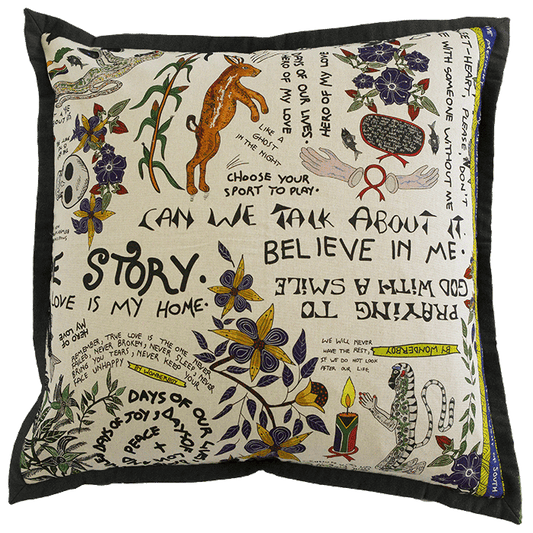 Front view of the Wonderboy Natural Linen Large Cushion Cover showcasing artistic illustrations, text, and floral details on a natural linen-coloured background.