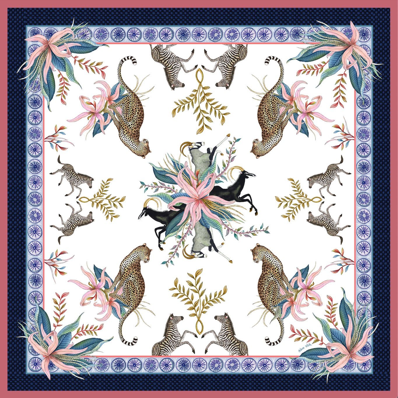A luxurious square tablecloth featuring a regal Leopard Lily design, showcasing sable, zebras, and leopards amidst intricate floral patterns, framed by a deep navy border.