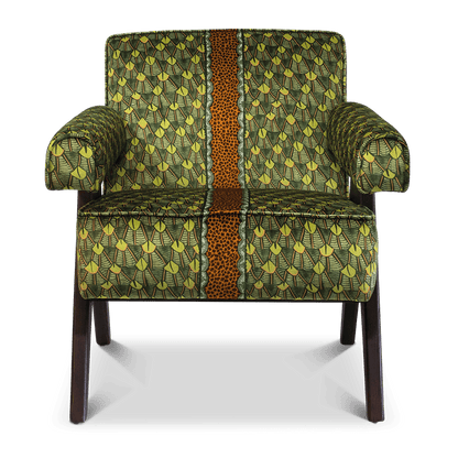 A full-frontal view of the Zambezi Feather River Green Occasional Chair, upholstered in a luxurious green velvet with an intricate African-inspired pattern and a bold central stripe.