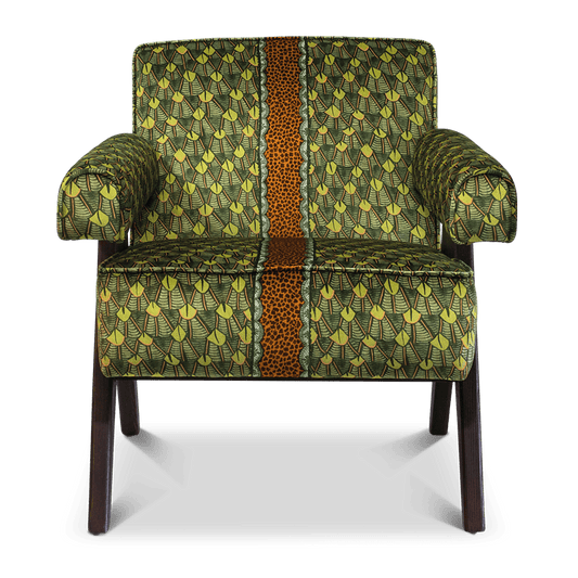 A full-frontal view of the Zambezi Feather River Green Occasional Chair, upholstered in a luxurious green velvet with an intricate African-inspired pattern and a bold central stripe.