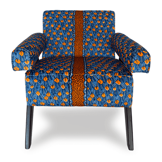 A straight-on shot of the Zambezi Feather Royal Occasional Chair, featuring its luxurious Feather Royal velvet upholstery with an intricate orange and blue pattern, accentuated by a bold vertical gold stripe down the centre.