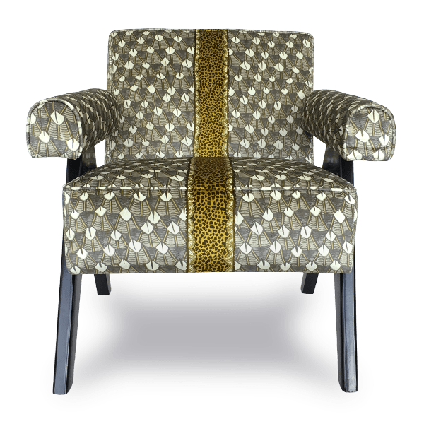 A full-frontal view of the Zambezi Feather Silver Ripple Occasional Chair, showcasing its opulent Feather Silver Ripple velvet upholstery with a bold gold accent stripe running vertically down the centre.