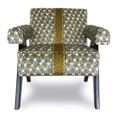 A full-frontal view of the Zambezi Feather Silver Ripple Occasional Chair, showcasing its opulent Feather Silver Ripple velvet upholstery with a bold gold accent stripe running vertically down the centre.