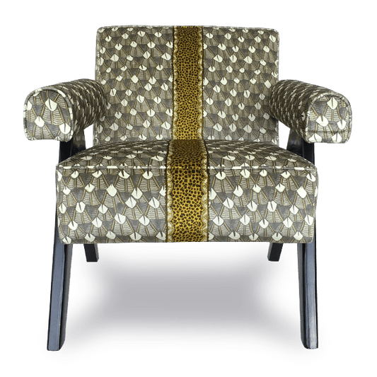 A full-frontal view of the Zambezi Feather Silver Ripple Occasional Chair, showcasing its opulent Feather Silver Ripple velvet upholstery with a bold gold accent stripe running vertically down the centre.