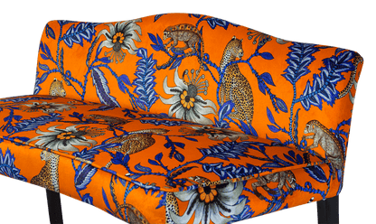 A side view of the bench, displaying its refined proportions, sleek modern legs, and the way the fabric wraps seamlessly around the contours of the seat.