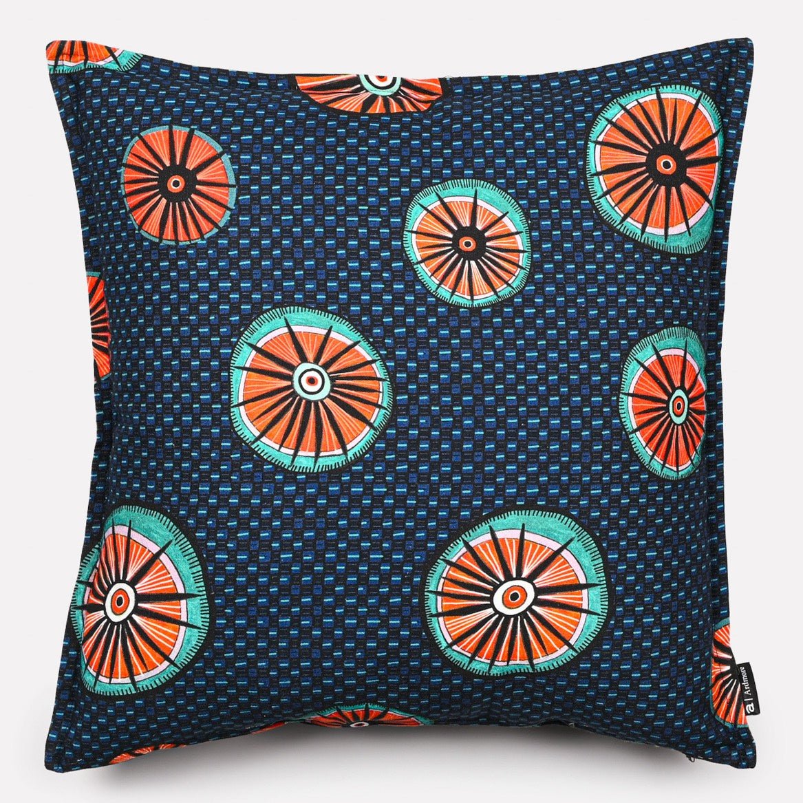 A 50x50cm square cushion cover in Amasumpa Royal fabric, featuring a deep navy base with bold circular patterns in orange, turquoise, and white.